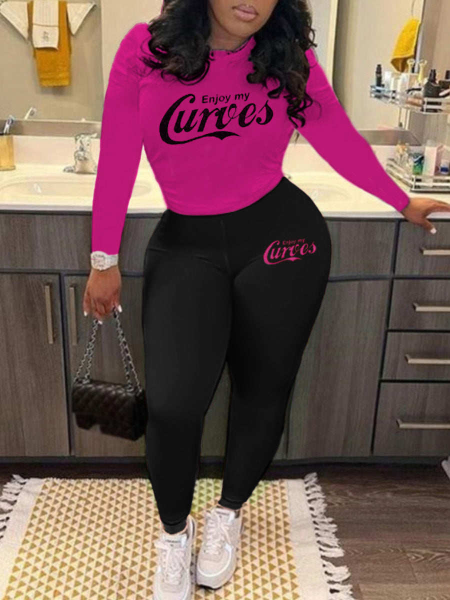 Conjunto de dos piezas de pantalones ajustados de manga larga con cuello redondo y estampado de letras de talla grande para mujer