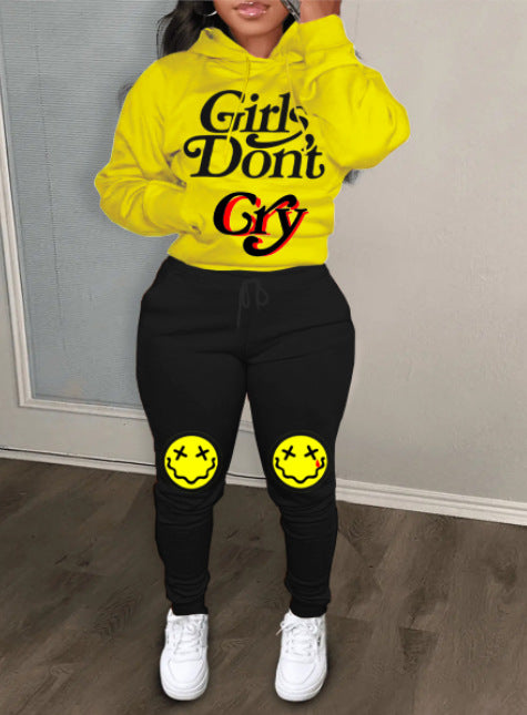 Conjunto de dos piezas con capucha y pantalones estampados de letras informales para mujer