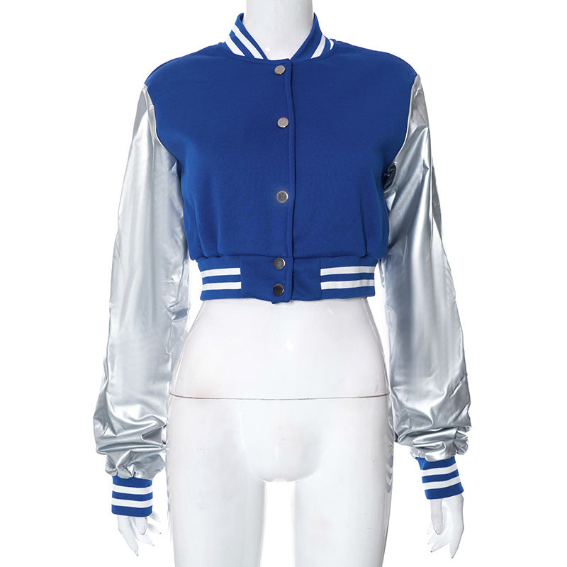 Abrigo de béisbol informal de color liso con cierre a presión y manga larga con costuras de PU para mujer