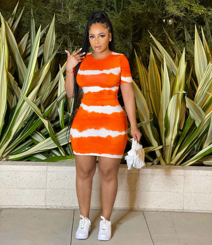 Women Fashion Casual Stripe Print Short Sleeve Tight Dress