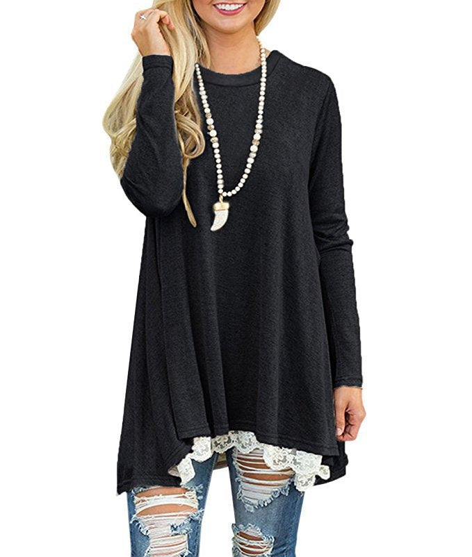 Vestido informal de manga larga con encaje de color liso para mujer