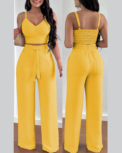 Conjunto de dos piezas para mujer, con top corto, pantalones holgados con cordones y estampado floral informal