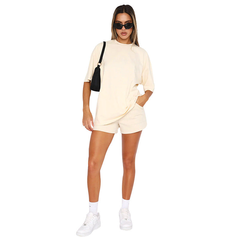 Conjunto de dos piezas de pantalones cortos de manga corta de color liso informal a la moda para mujer