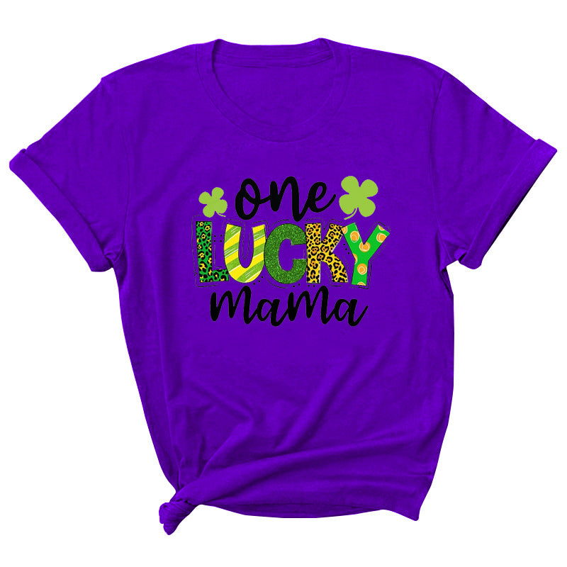 Camiseta informal de manga corta con cuello redondo y estampado de letras "One Lucky Mama" para mujer