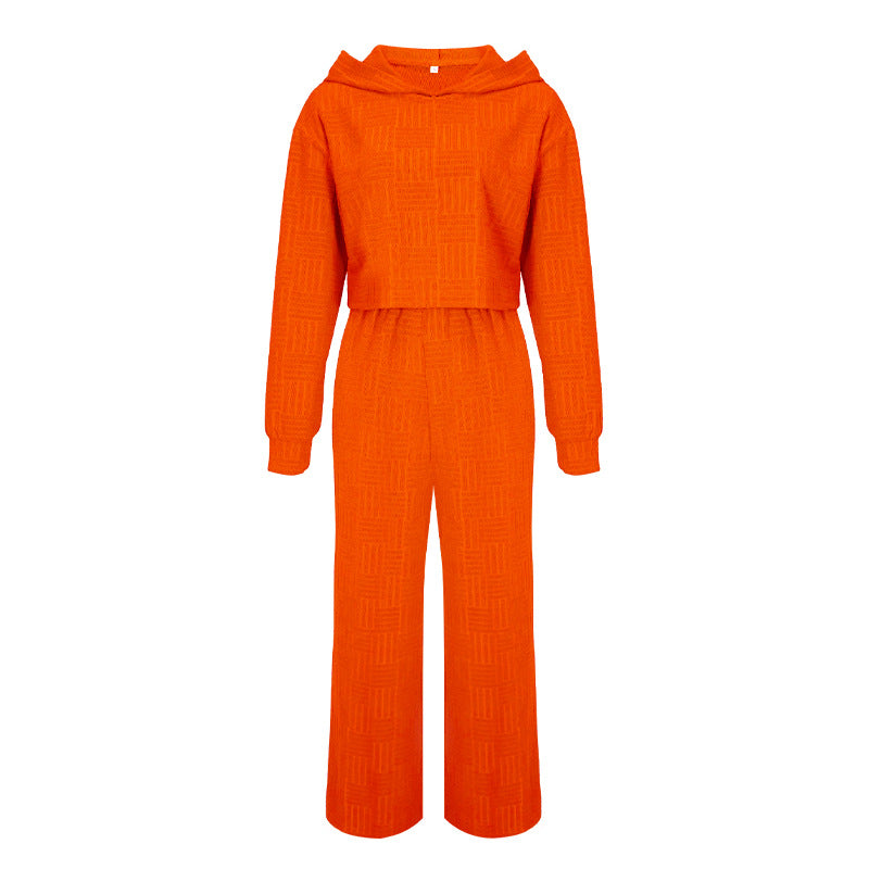 Conjunto de dos piezas informal de color liso con capucha y pantalones de pierna ancha de manga larga para mujer