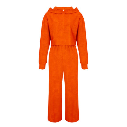Conjunto de dos piezas informal de color liso con capucha y pantalones de pierna ancha de manga larga para mujer