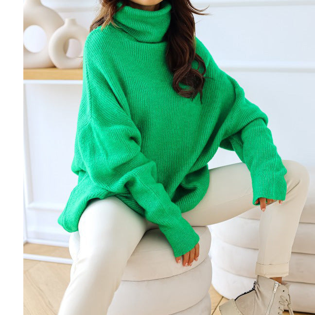 Women Fashion Casual Solid Color Pile Collar Plus Size Loose Knitted Sweater