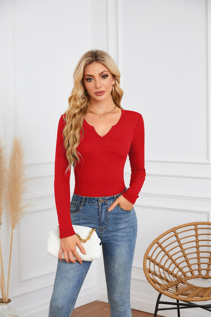 Women Fashion Casual Solid Color Strip Deep U-Neck Crossed Long-Sleeved T-Shirt