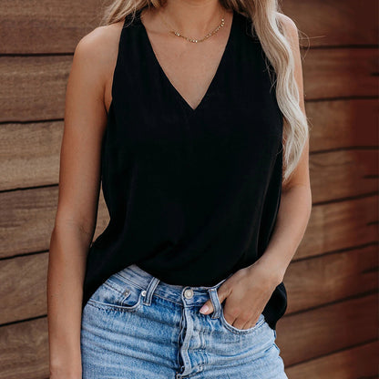 Camiseta básica informal sin mangas con cuello en V y color liso para mujer