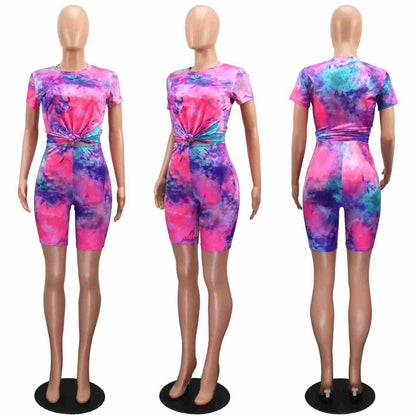 Conjunto de dos piezas de top y pantalones cortos de manga corta con cuello redondo y teñido anudado informal para mujer