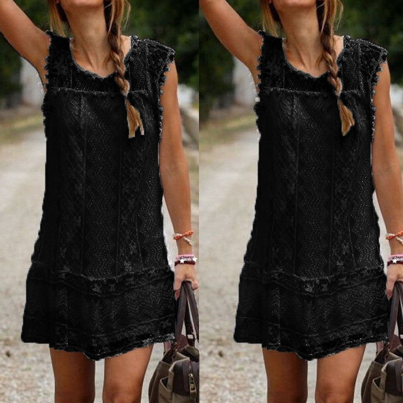 Vestido suelto sin mangas de encaje de color sólido informal de moda para mujer