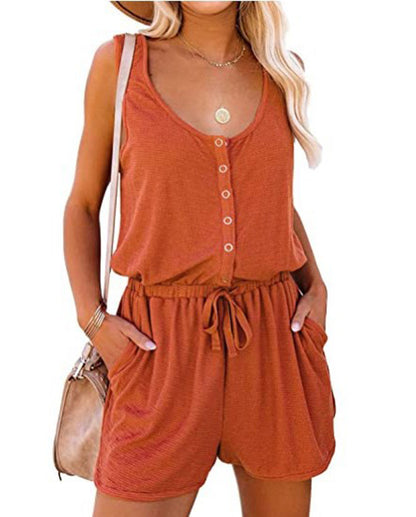 Women Sleeveless Waist Tie Casual Loose Wide Leg Short Rompers