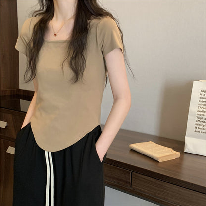 Camiseta informal de manga corta irregular con cuello en U y color liso para mujer