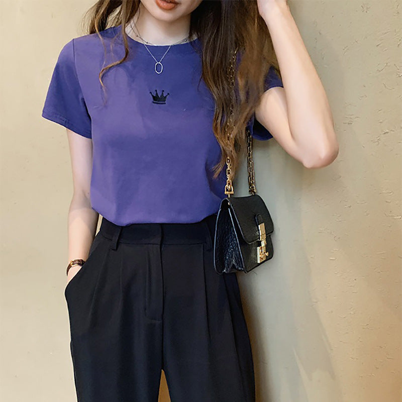 Camiseta informal de manga corta con cuello redondo para mujer