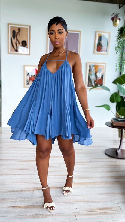 Women Casual Solid Color Halter Neck Sleeveless Backless Ruffled Loose Dress