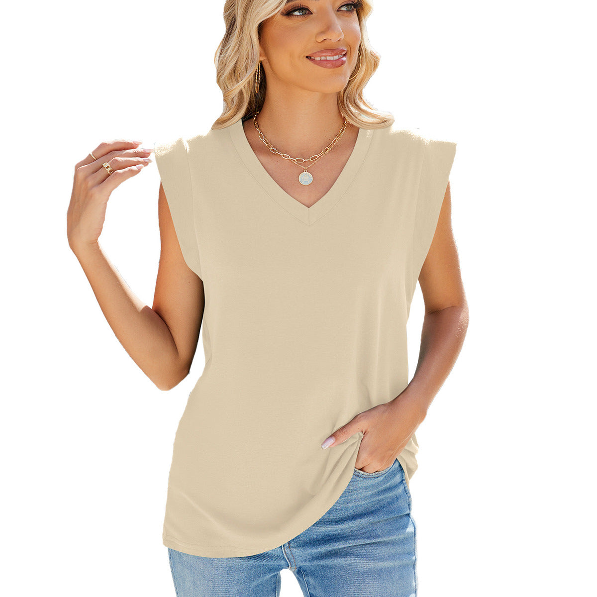 Camiseta informal holgada de manga corta con cuello en V y color liso para mujer
