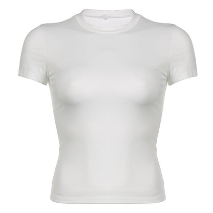 Camiseta informal de manga corta con cuello redondo y color liso para mujer