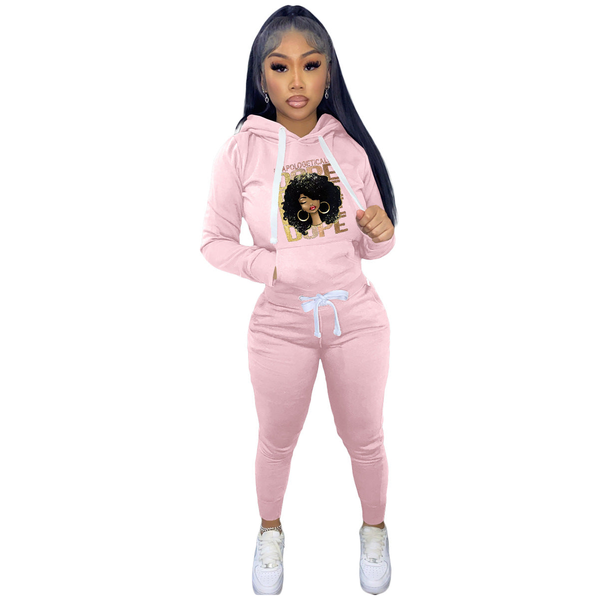 Conjunto deportivo informal de dos piezas con capucha y pantalones de manga larga estampados para mujer