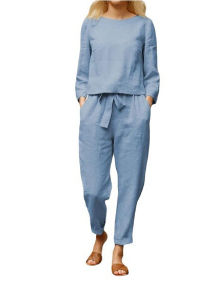 Conjunto de top y pantalón informal de color liso para mujer, otoño