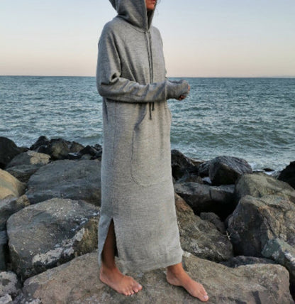 Sudadera holgada informal de punto de color liso con capucha y manga larga para mujer, vestido de talla grande