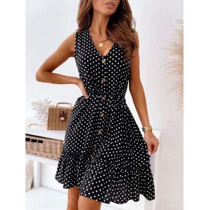 Women Fashion Casual Summer Vacation Polka Dot Print Sleeveless V Neck Ruffled Dress
