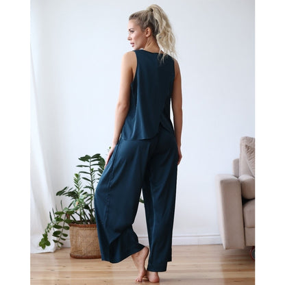 Conjunto de top y pantalón sin mangas cruzados en color liso informal a la moda para mujer