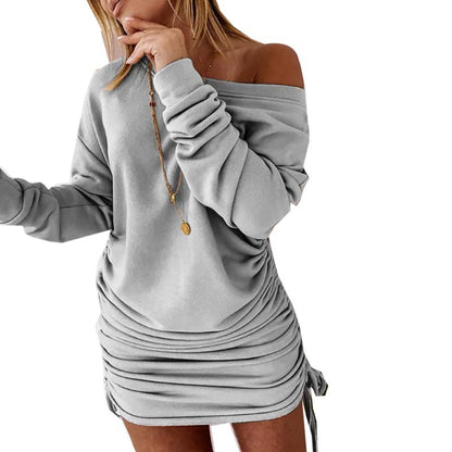 Vestido informal básico de color liso con cordón para mujer, holgado, con cuello redondo, hombros oblicuos y manga larga