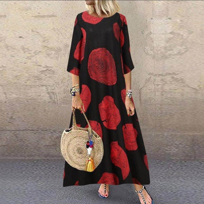 Women Casual Vintage Half Sleeve Round Neck Loose Maxi Dress