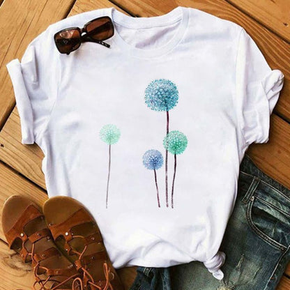 Camiseta informal de manga corta con estampado de diente de león para mujer