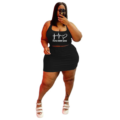 Conjunto de dos piezas de top corto y falda con estampado de letras Faith Love, informal, deportivo, sin mangas, talla grande, para mujer