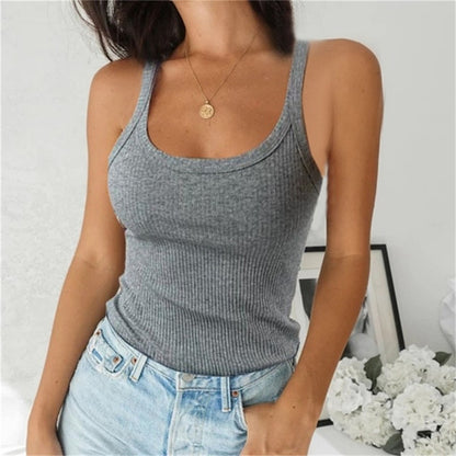 Camiseta básica sin mangas de punto con cuello en U para mujer, informal, de color liso