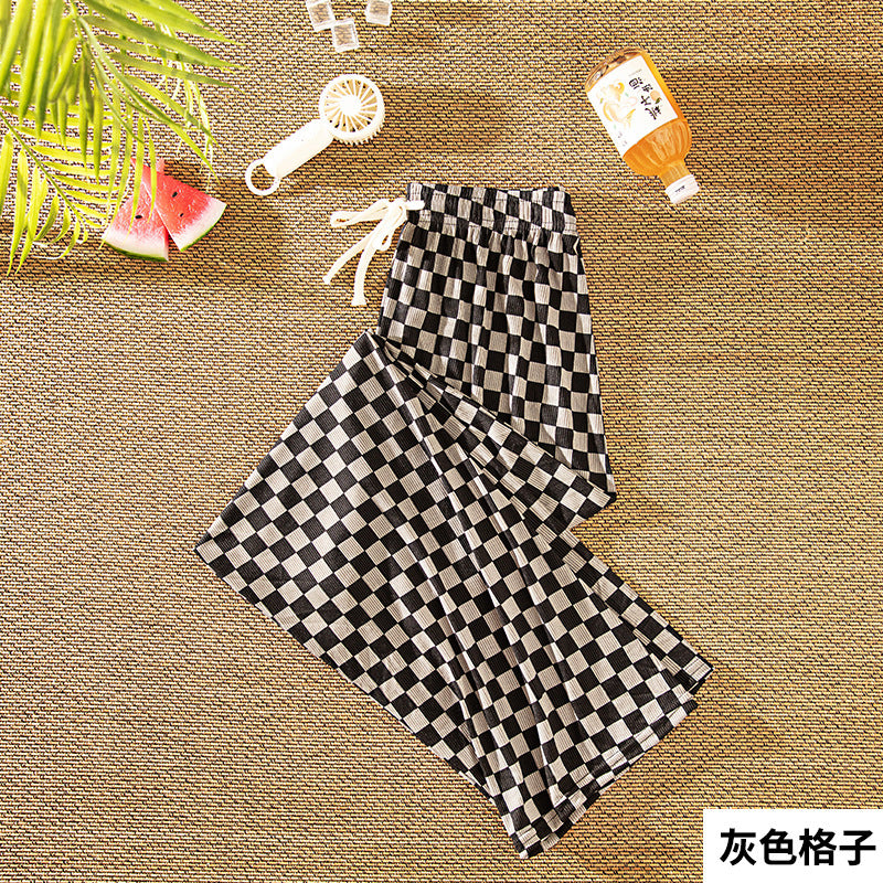 Women Casual Checkerboard Printed Loose Wide-Leg Pants