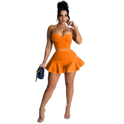 Women Casual Solid Color Slim Fit Vest Top And Ruffle Shorts Two Pieces Suit