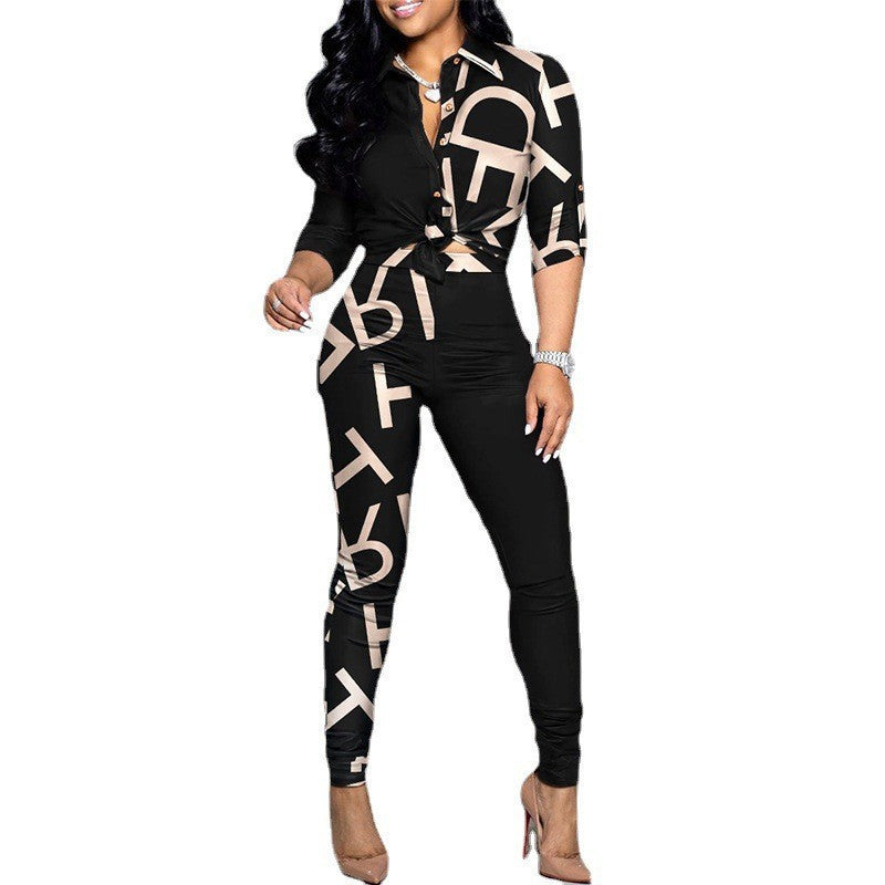 Women Fashion Casual Color-Block Printed Long-Sleeve Blouse Shirt Casual Pants Two-Piece Set