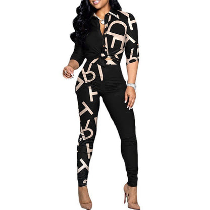Women Fashion Casual Color-Block Printed Long-Sleeve Blouse Shirt Casual Pants Two-Piece Set