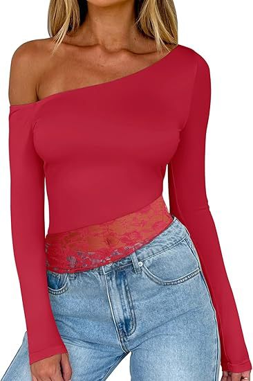 Camiseta informal de manga larga con hombros descubiertos y encaje de color liso para mujer