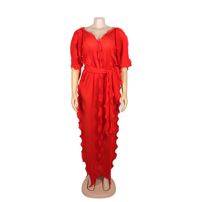 African Women Casual V-Neck Ruffled Solid Color Chiffon Loose Elegant Maxi Dress
