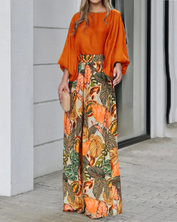 Conjunto de dos piezas para mujer, informal, con mangas abullonadas, top holgado y pantalones anchos estampados