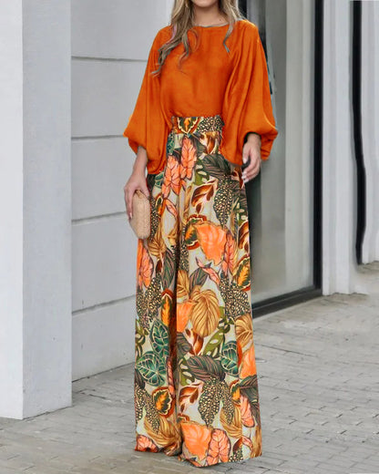 Conjunto de dos piezas para mujer, informal, con mangas abullonadas, top holgado y pantalones anchos estampados