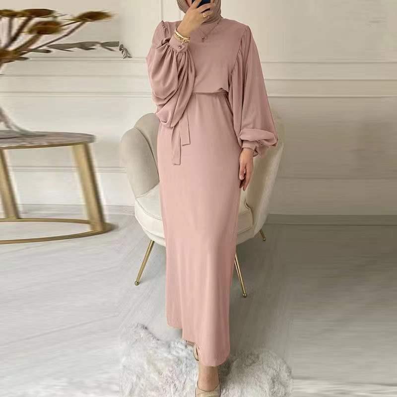 Women Fashion Casual Solid Color Round Neck Puff Sleeve Maxi Dress