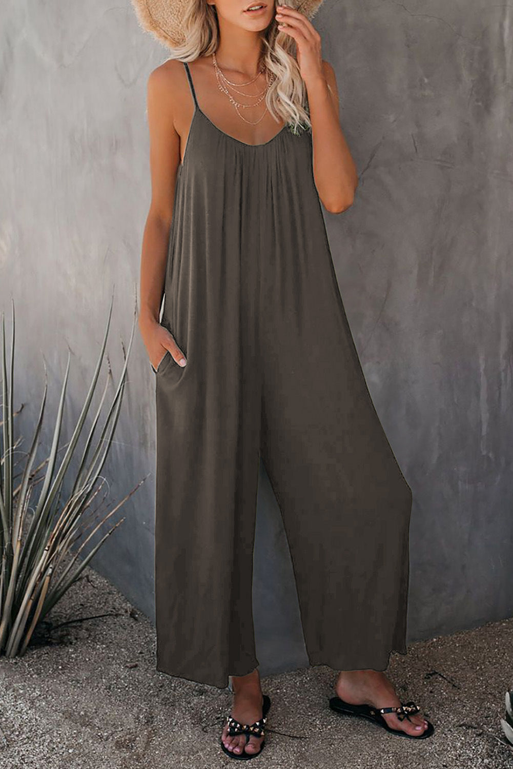 women Summer Solid Color Pocket Casual loose Jumpsuits