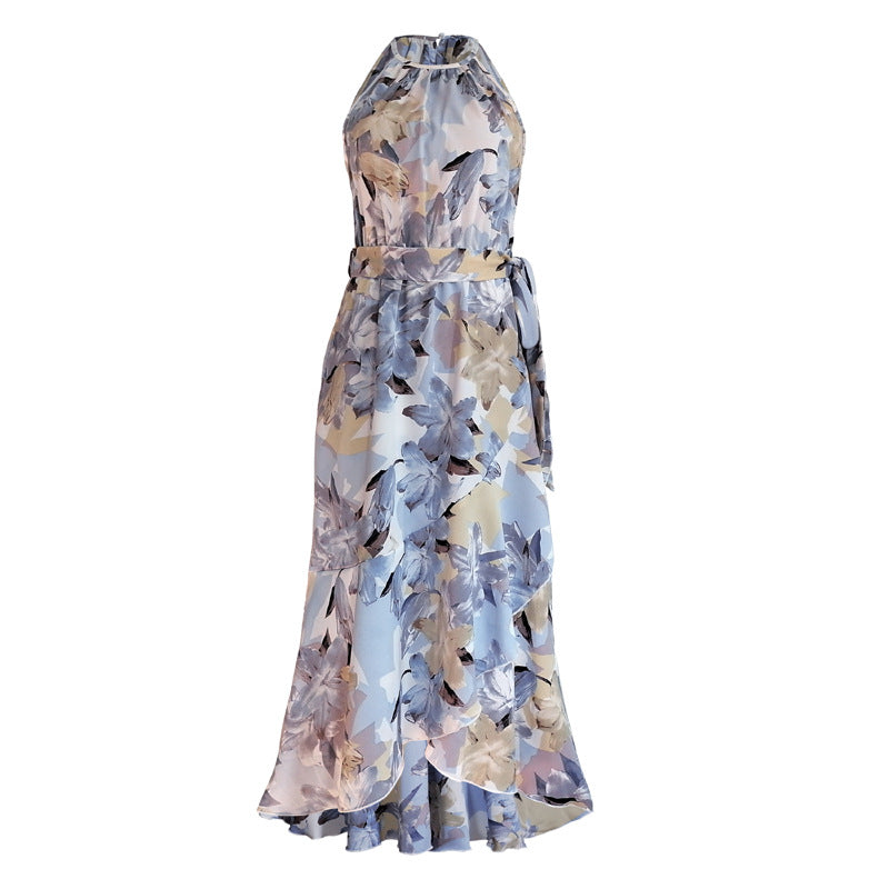 Vacationg Fashion Floral Print Women Casual Ruffled Halter Dress