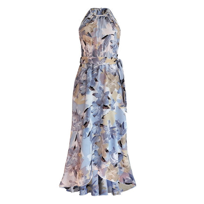 Vacationg Fashion Floral Print Women Casual Ruffled Halter Dress