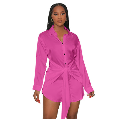 Women Fashion Casual Solid Color Long Sleeve Defined Waist Lapel Shirt Dress