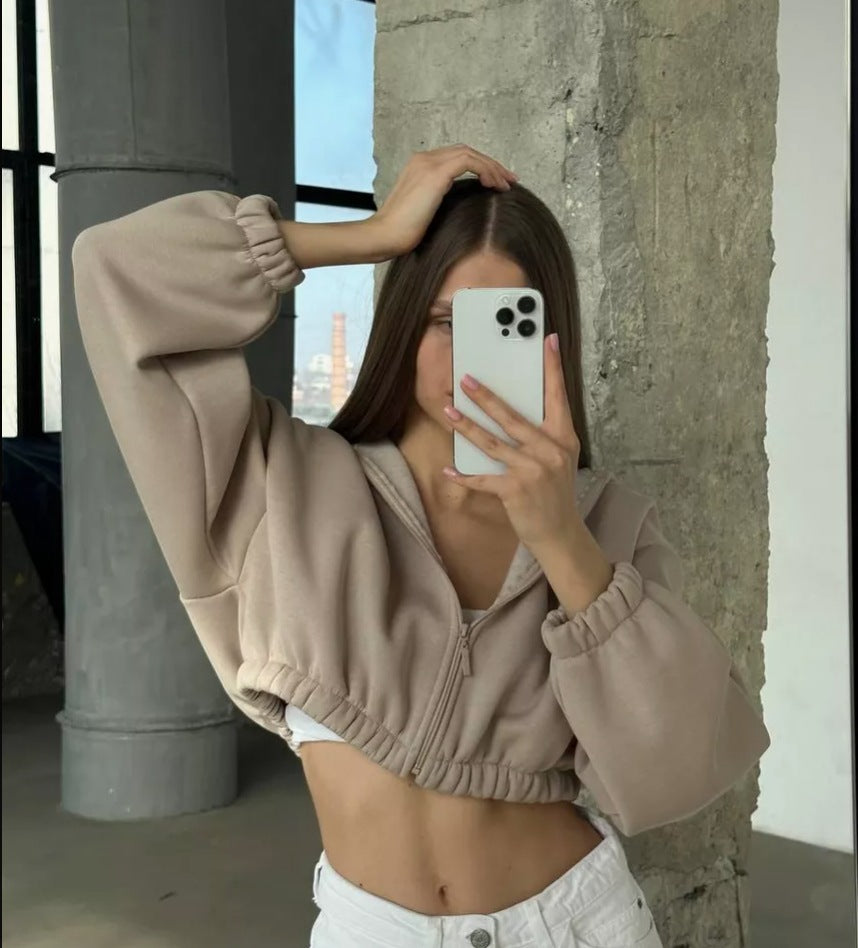 Sudadera con capucha informal de manga larga con cremallera y color liso para mujer