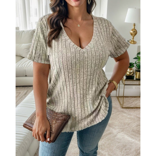 Women Casual Plus Size Solid Color Stripe V-Neck Short-Sleeve T-Shirt
