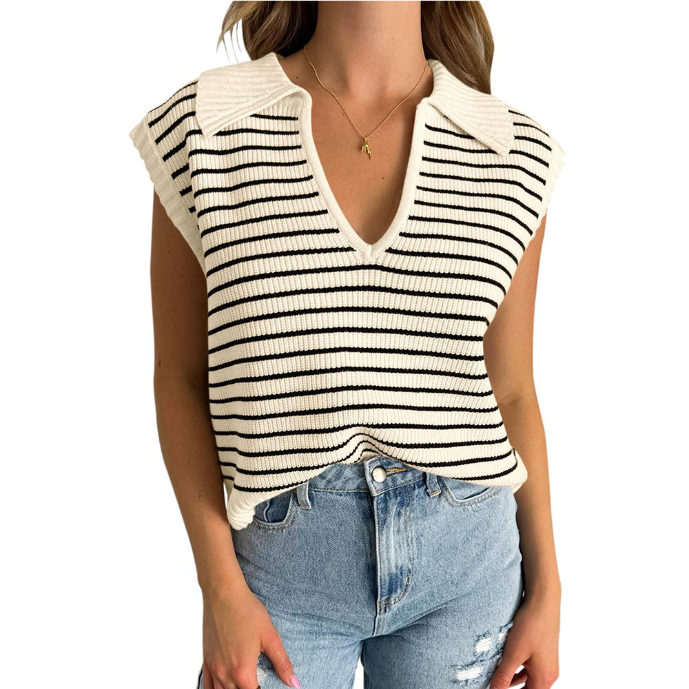 Women Fashion Casual Stripe Lapel V-Neck Sleeveless Knitted Sweater
