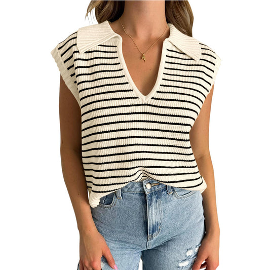 Women Fashion Casual Stripe Lapel V-Neck Sleeveless Knitted Sweater