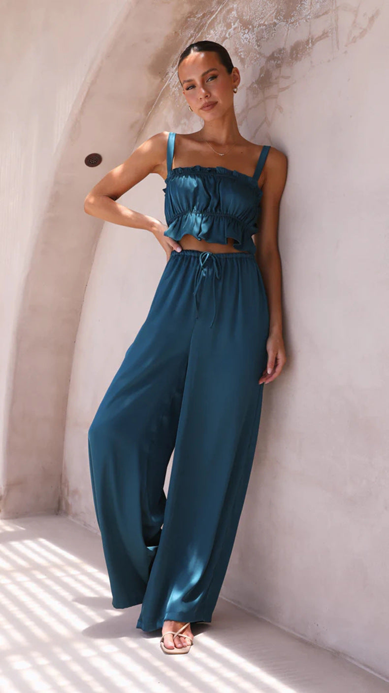 Conjunto de dos piezas de verano para mujer, color liso, informal, con cuello de una palabra, tirantes y pantalones de pierna ancha
