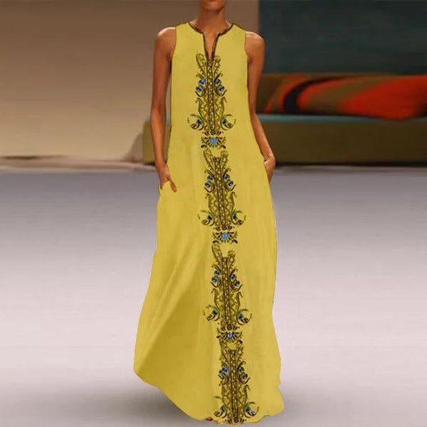 Women Boho Vintage Print Sleeveless V-Neck Loose Casual Maxi Dress